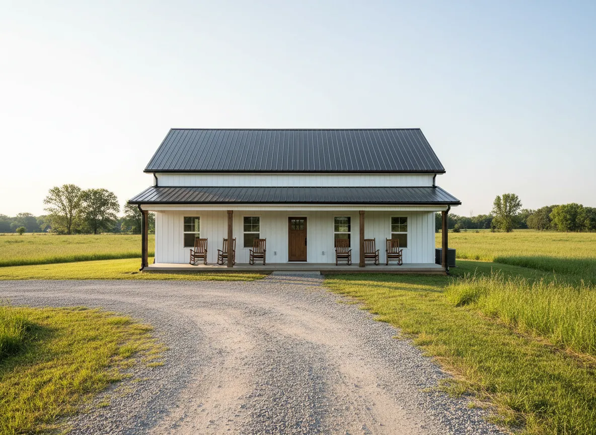 Barndominium with a metal roof and rocking chairs on the porch, set in a rural Kentucky landscape with a gravel driveway and green fields.