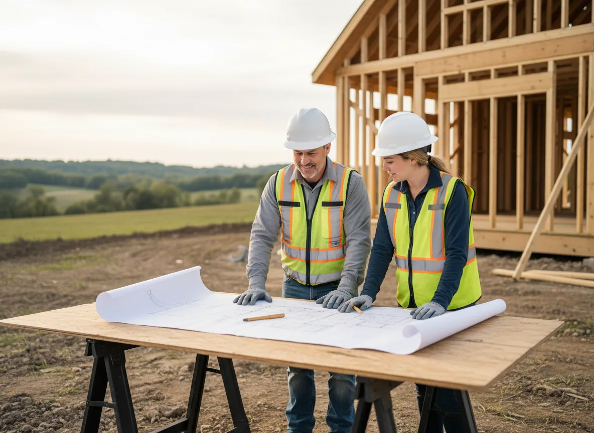 Construction professionals reviewing blueprints at a building site for custom homes in Central Kentucky, emphasizing quality craftsmanship and project management.