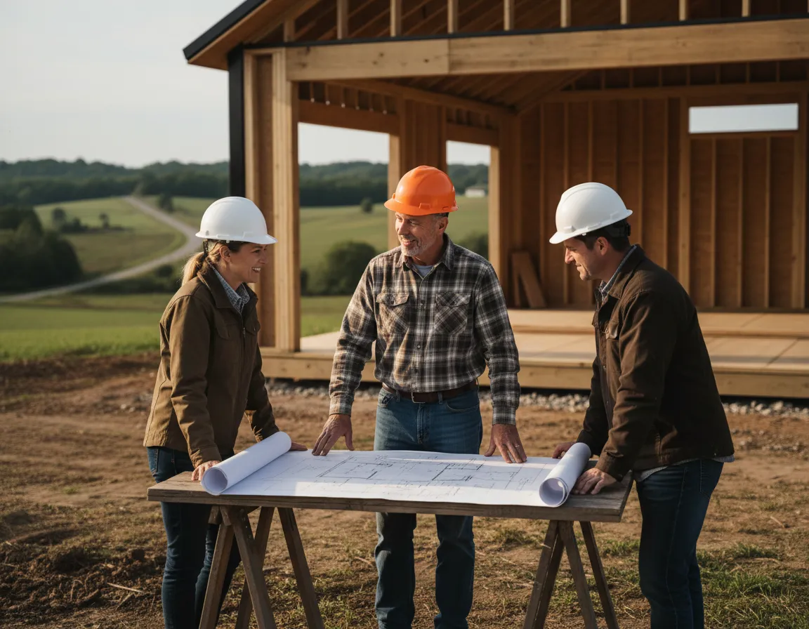 Construction team reviewing building plans outdoors, discussing custom barndominium design and project details, with a partially constructed structure in the background.