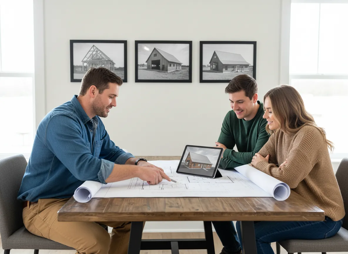 Local Central Kentucky builder discussing barndominium plans with a couple