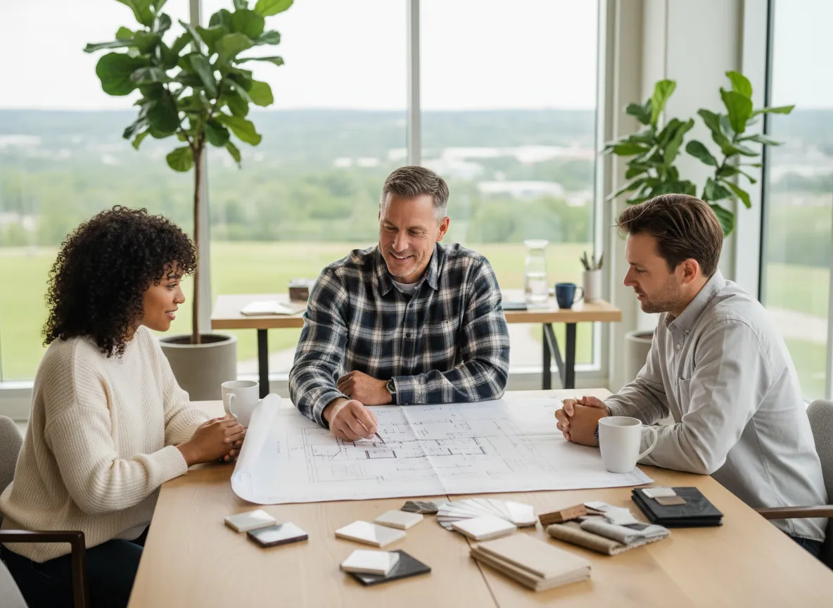 Couples Construction team discussing barndominium plans with clients over blueprints and material samples in a modern office setting.