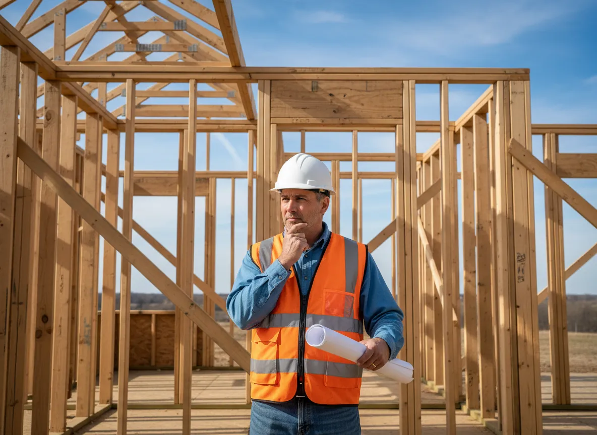 Local custom home builder reviewing plans on a construction site in Danville Kentucky