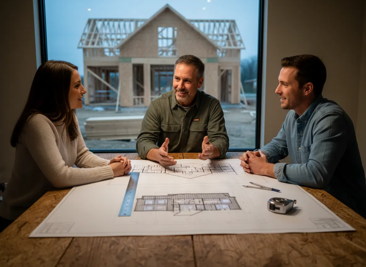 Couples Construction team discussing barndominium plans over architectural blueprints, with a partially constructed home visible through the window.