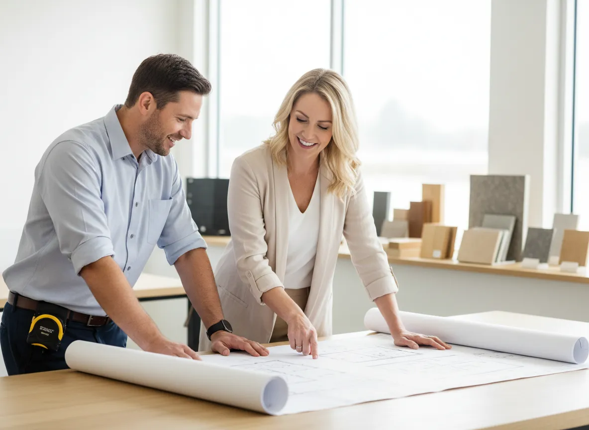 Builder reviewing custom home plans with Lexington homeowners