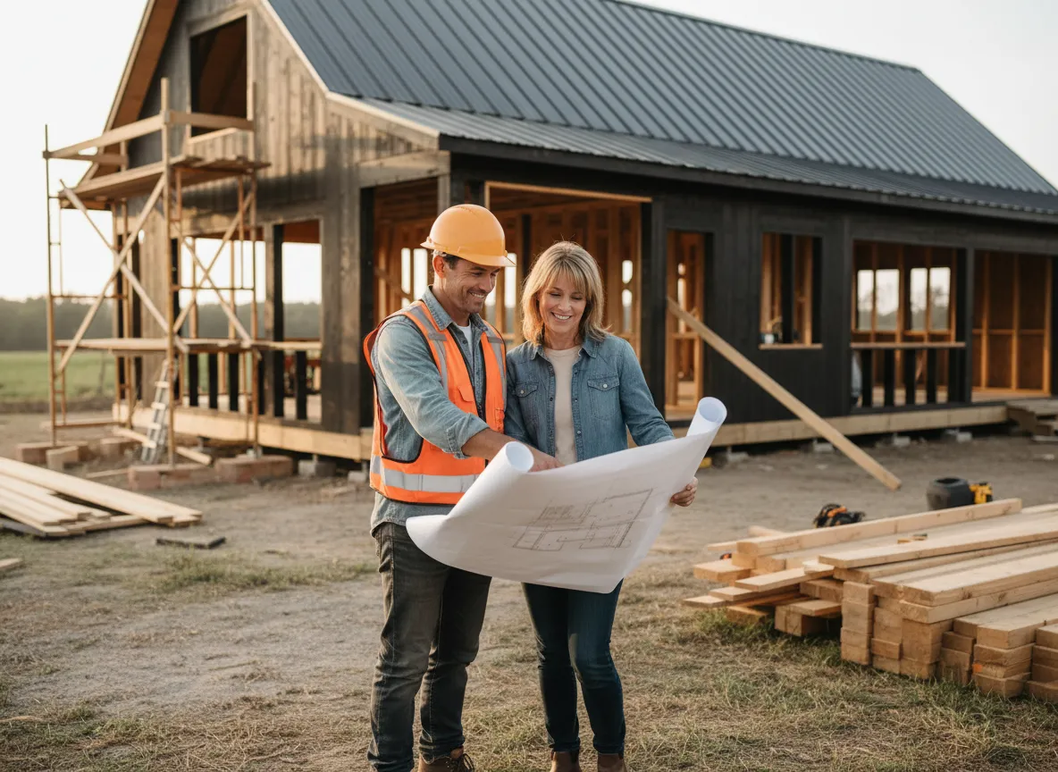 Construction professional and homeowner reviewing blueprints in front of a custom barndominium under construction, highlighting trust and communication in the building process.