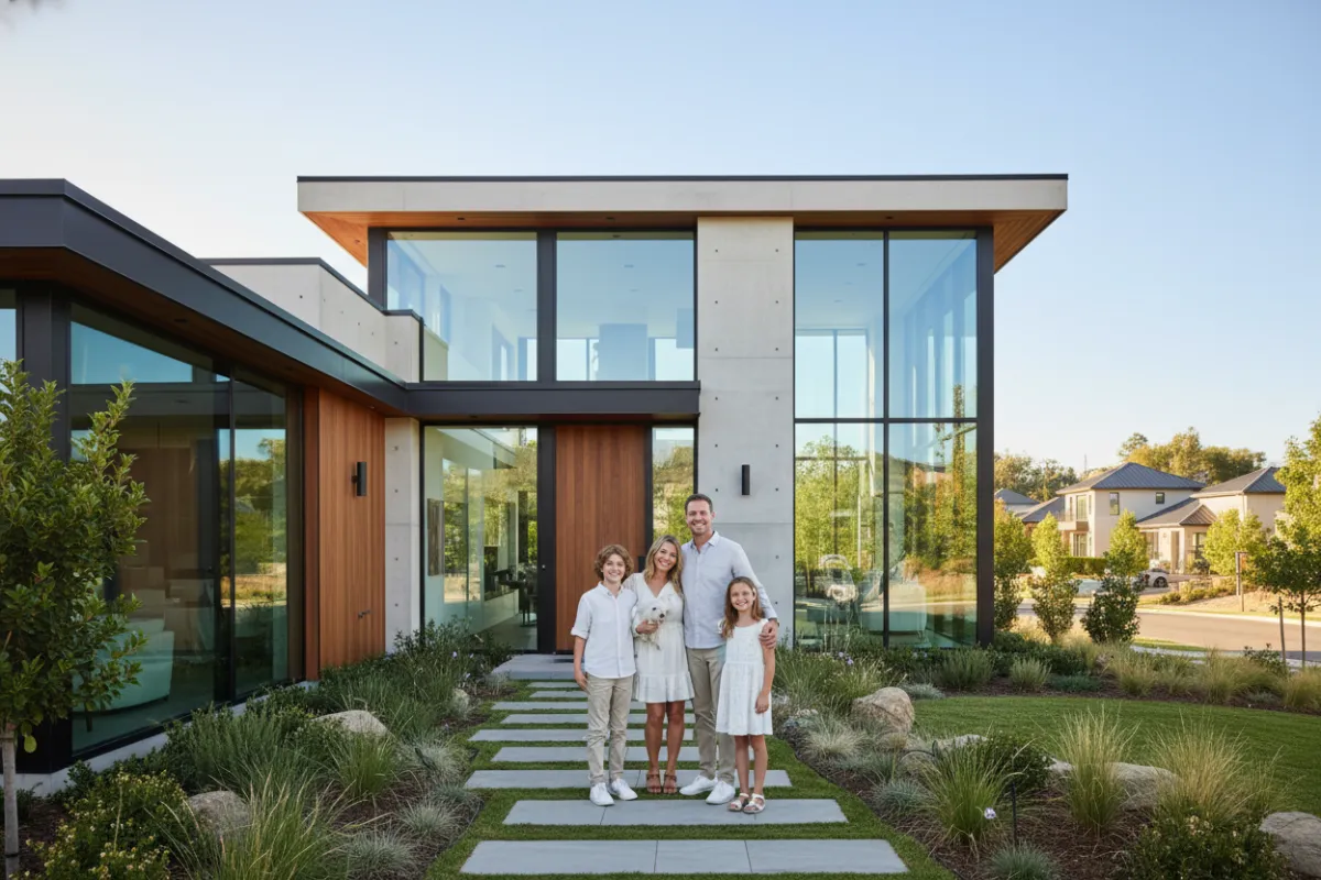 Modern custom-built home exterior with large windows, landscaped yard, and a family standing together, bright daylight, contemporary style