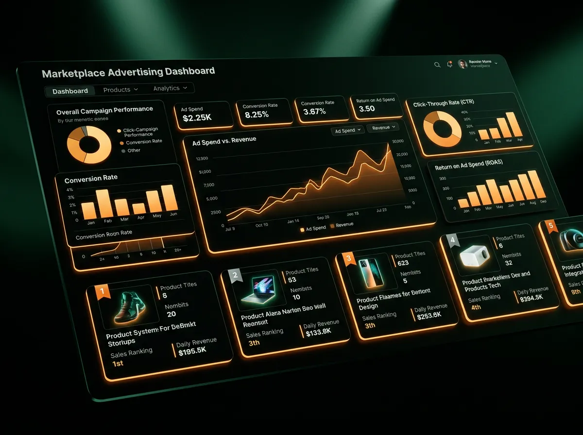 3D dark marketplace advertising dashboard with glowing orange analytics graphs and product rankings