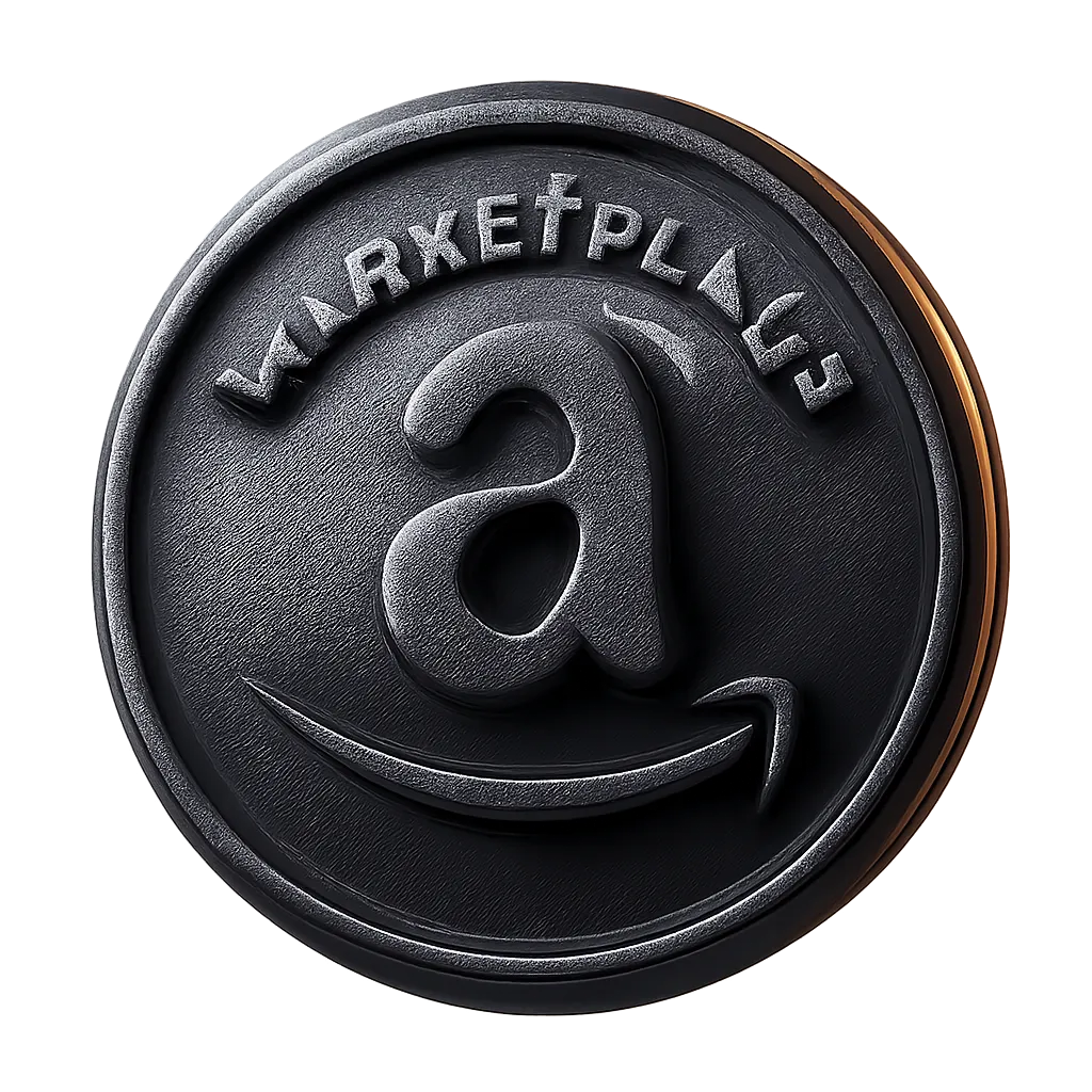 Abstract 3D Amazon platform icon in dark metallic and orange accents