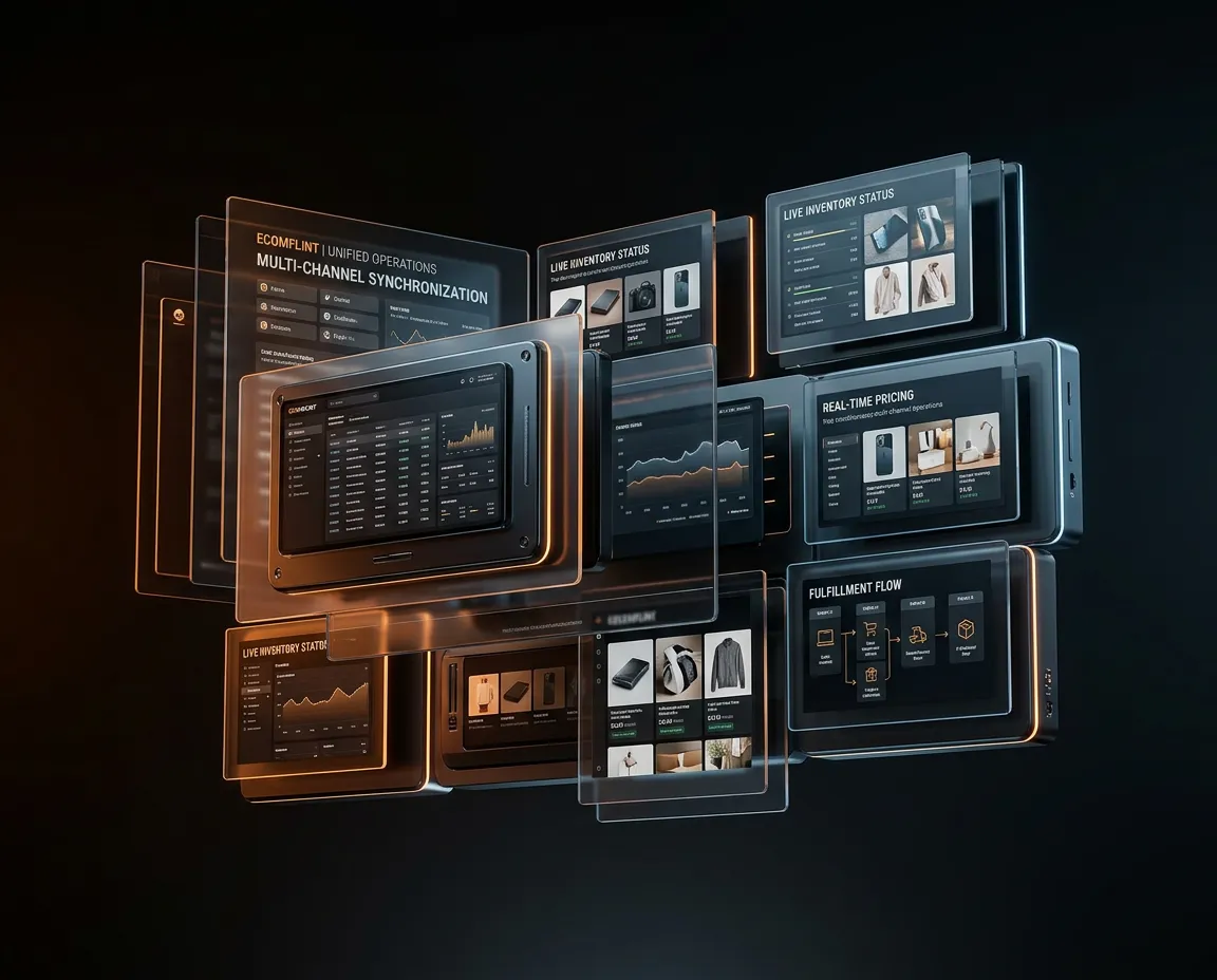 EcomFlint synchronized multi-channel operations and physical logistics command dashboard composite panel