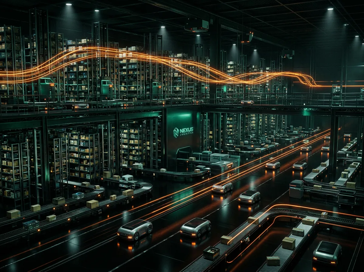 Futuristic dark fulfillment logistics center with automated stock robotics and glowing orange data streams