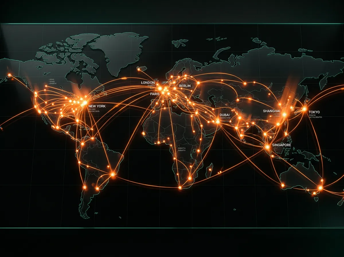 Global marketplace expansion node map on dark glassmorphism background with glowing orange connection lines