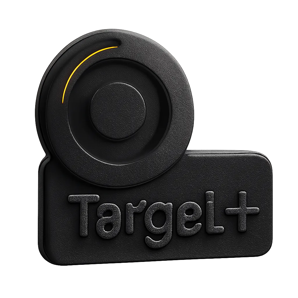 Abstract 3D Target Plus platform icon in dark metallic and orange accents