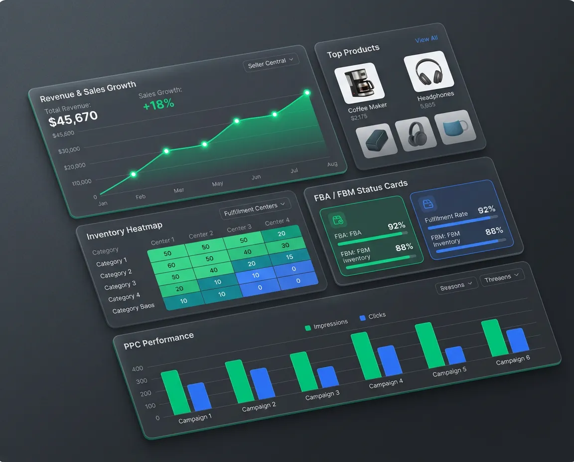 Amazon operations management dashboard analytics overview showing revenue growth, inventory status, and PPC performance metrics