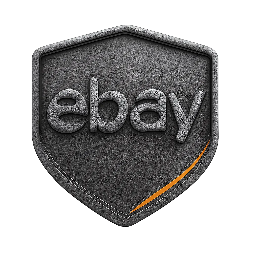 Abstract 3D eBay platform icon in dark metallic and orange accents