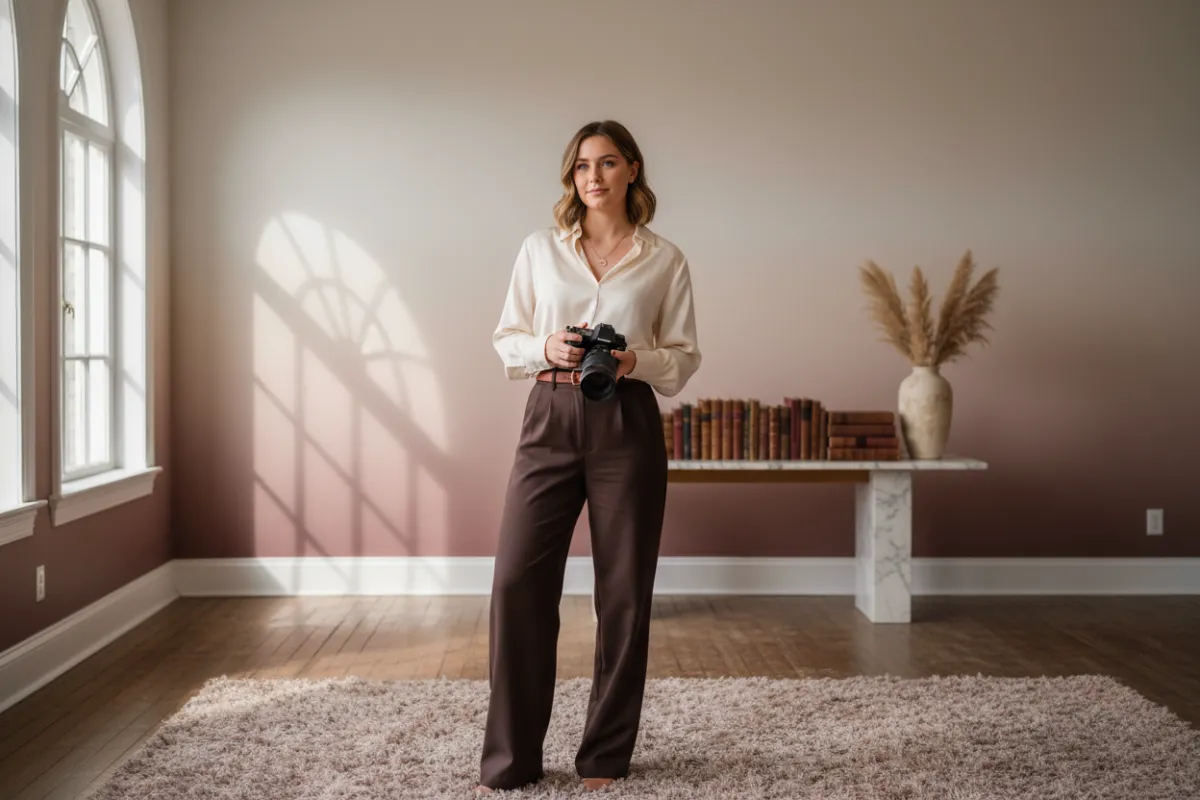 Sam (Samantha), a young female photographer, holding her camera in soft natural light with warm tones and a refined, editorial feel—introducing the brand’s luxe, modern style.