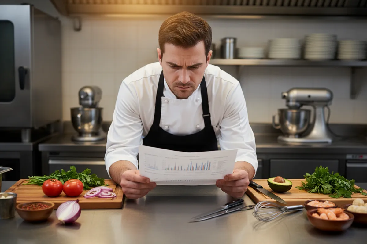 A close-up of a chef reviewing a printed financial report at a kitchen counter, surrounded by fresh ingredients and utensils. The chef is focused and determined, with a modern kitchen in the background. 3:2 aspect ratio.