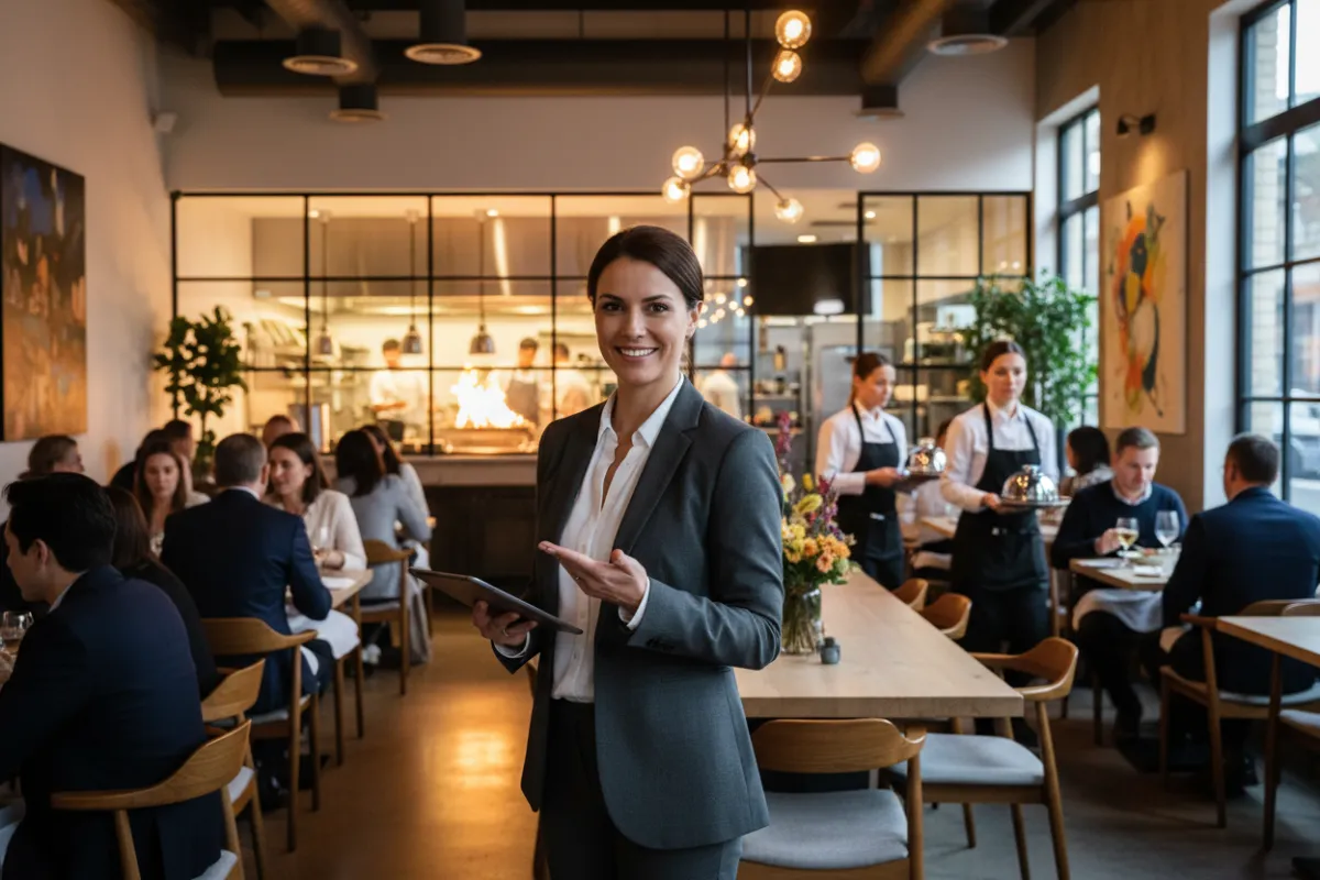 A confident restaurant owner in a modern, bustling dining room, holding a digital tablet and smiling at the camera. The background features a lively, well-lit restaurant with diverse staff and customers, conveying success and professionalism.