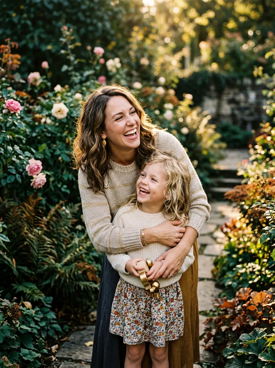 Joyful mother and daughter laughing softly in outdoor garden portrait session