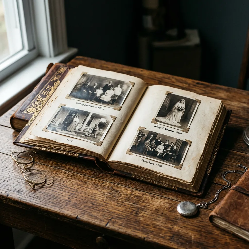 Fine art leather-bound family heirloom photo album resting open on rustic wooden table
