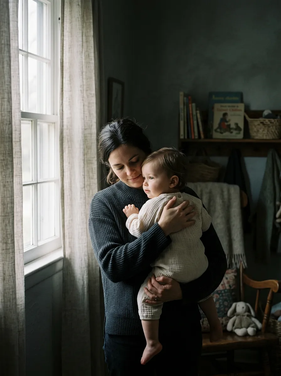Intimate indoor nursery portrait of father holding child near soft window light