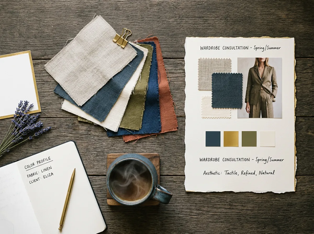 A warm consultation table setting with linen fabric samples, mood board, and gentle morning studio sunlight