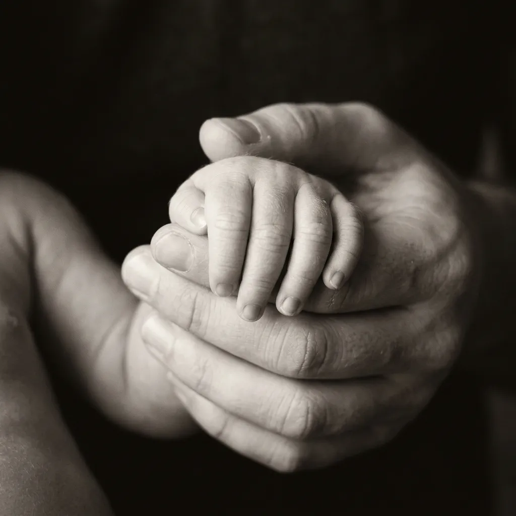 Intimate black and white newborn baby hand and parent detail with warm tones