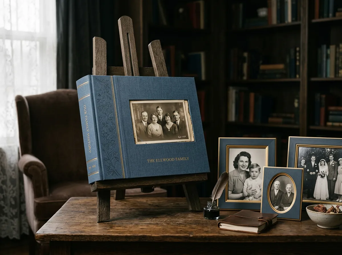 An heirloom handcrafted linen photo album displayed alongside fine art framed family prints on a wooden easel