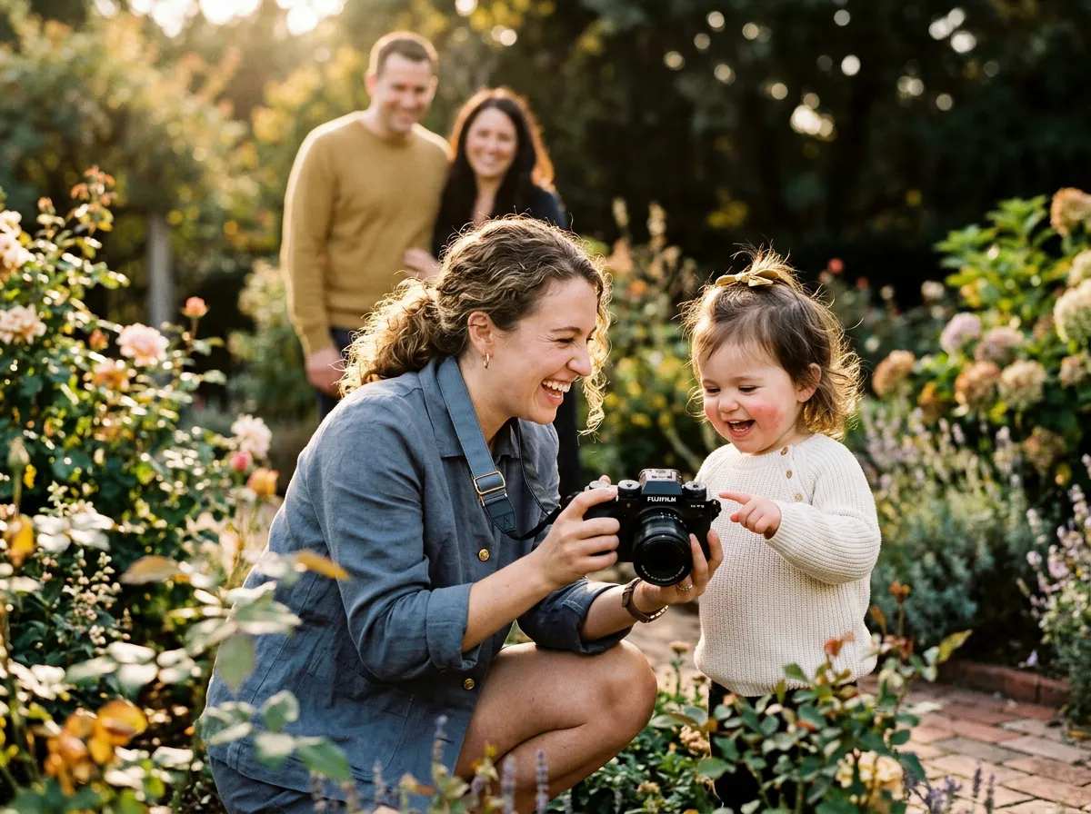 A candid British family portrait session showing the photographer laughing warmly alongside a delighted toddler and parents in soft golden light