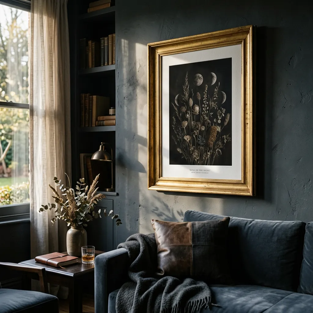 High-end bespoke framed archival wall art hung in luxurious sunlit living room