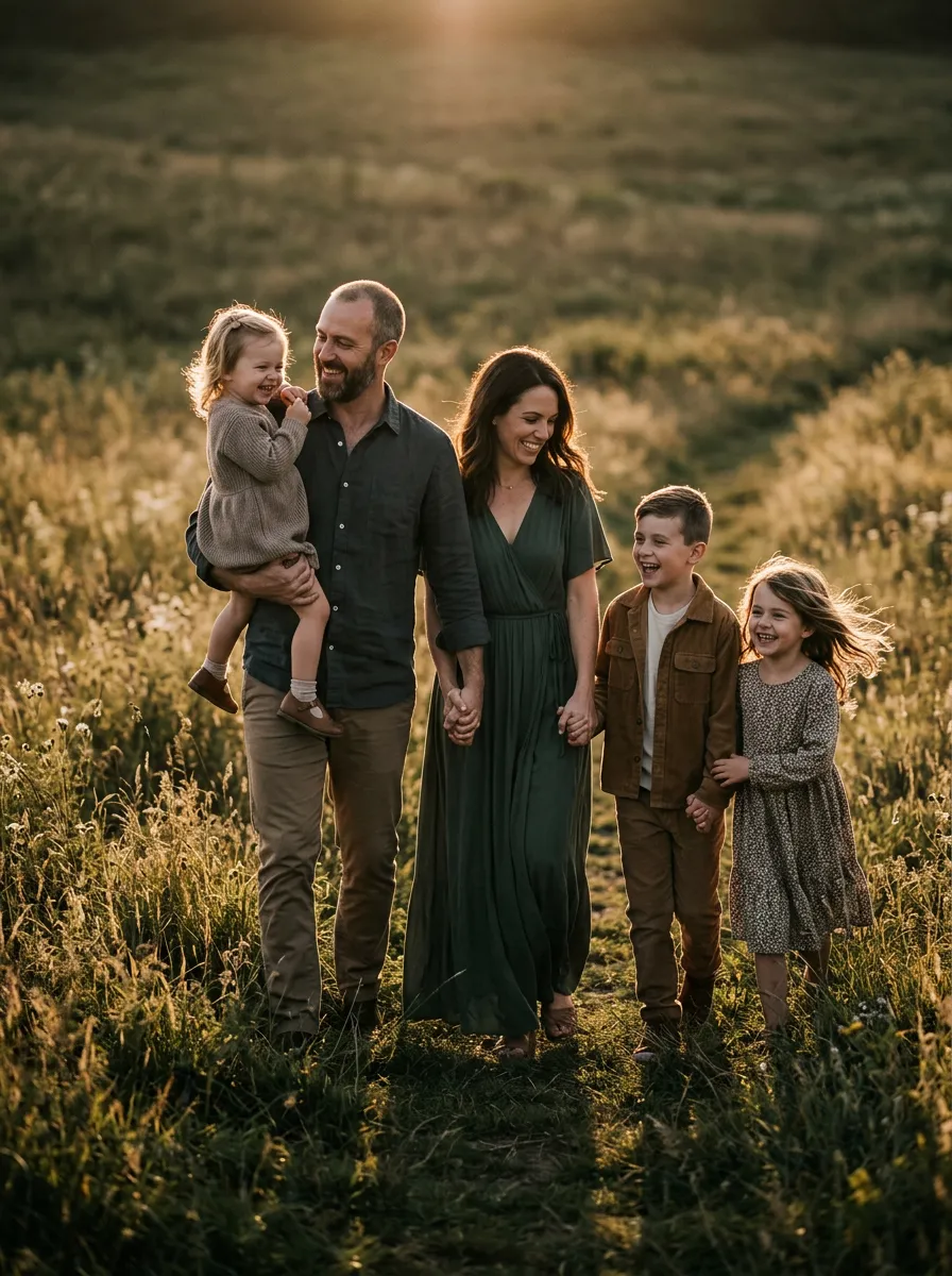 Candid outdoor family golden hour portrait in meadow with film-like grain