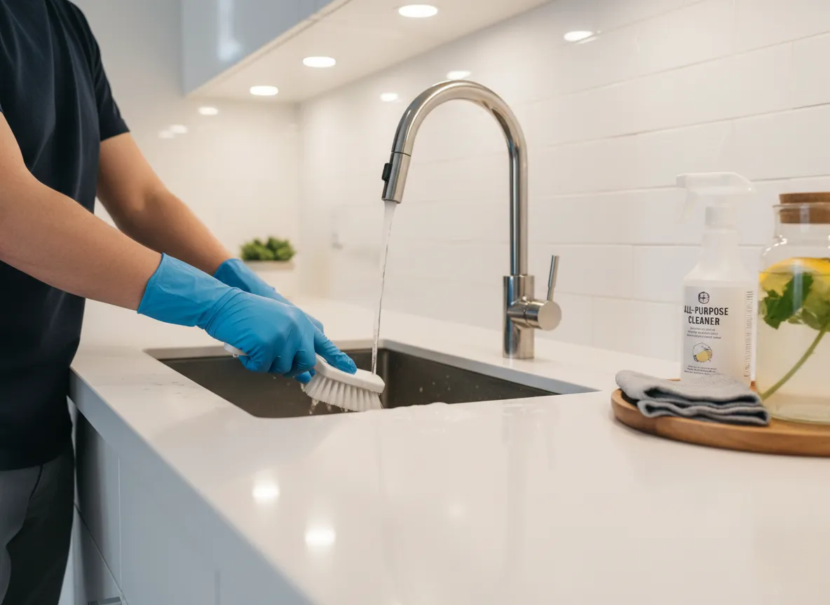Cleaner performing detailed cleaning on kitchen counters and sink