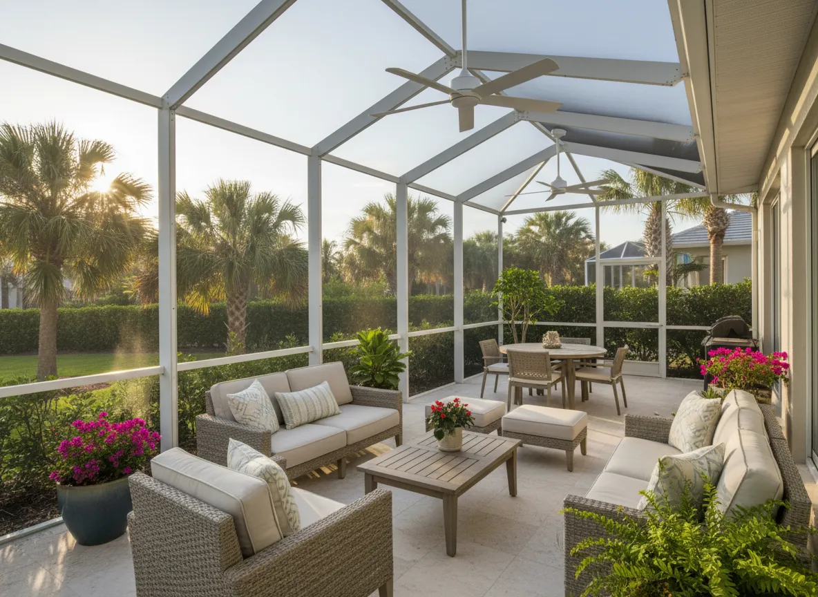 Lanai and patio screen enclosure with outdoor seating area