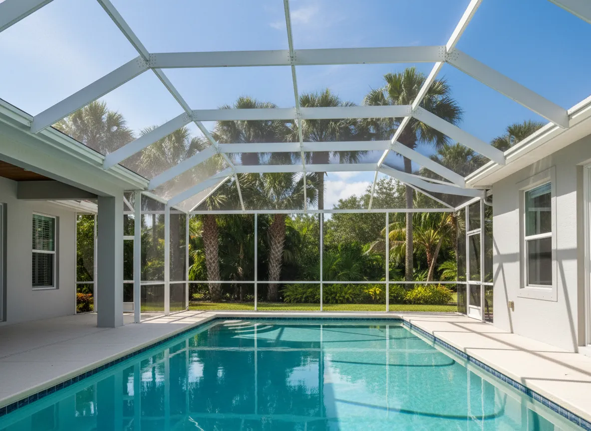 Modern screened pool cage enclosure at a Southwest Florida home
