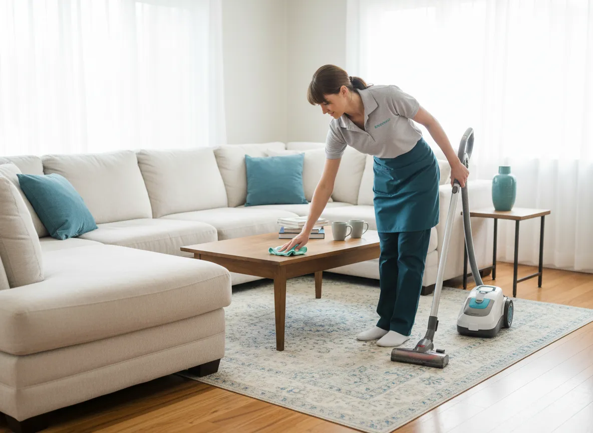 Professional cleaner tidying a bright living room