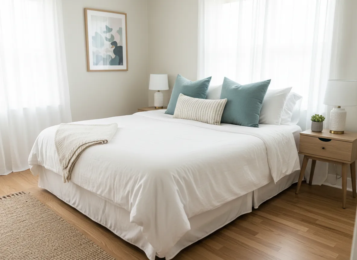 Bright, neatly prepared bedroom ready for vacation rental guests