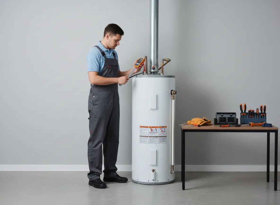 Technician servicing a residential water heater