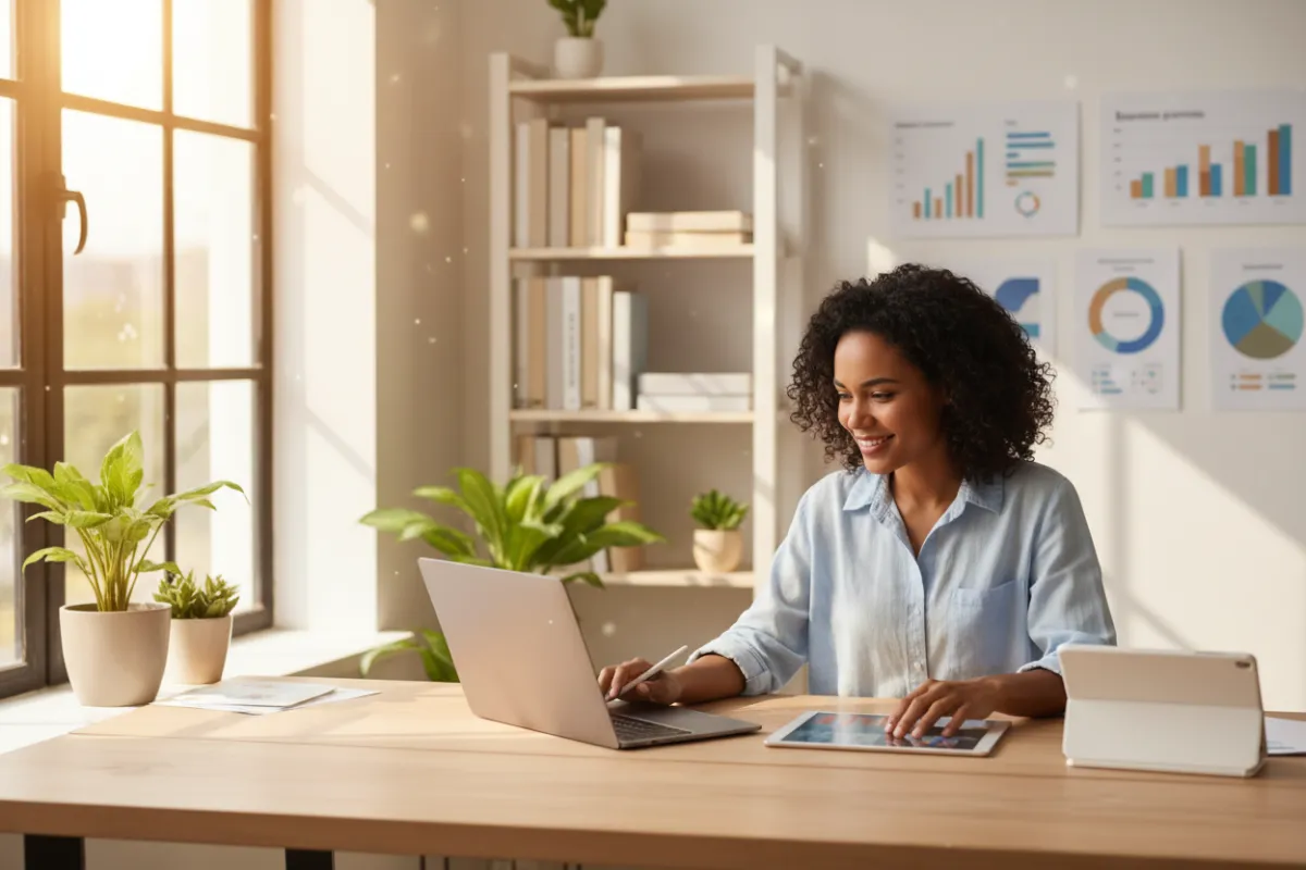 A diverse small business owner in a bright workspace, using a laptop and digital tablet, surrounded by educational charts and books, sunlight streaming through a window, modern and optimistic style, 3:2 aspect ratio.