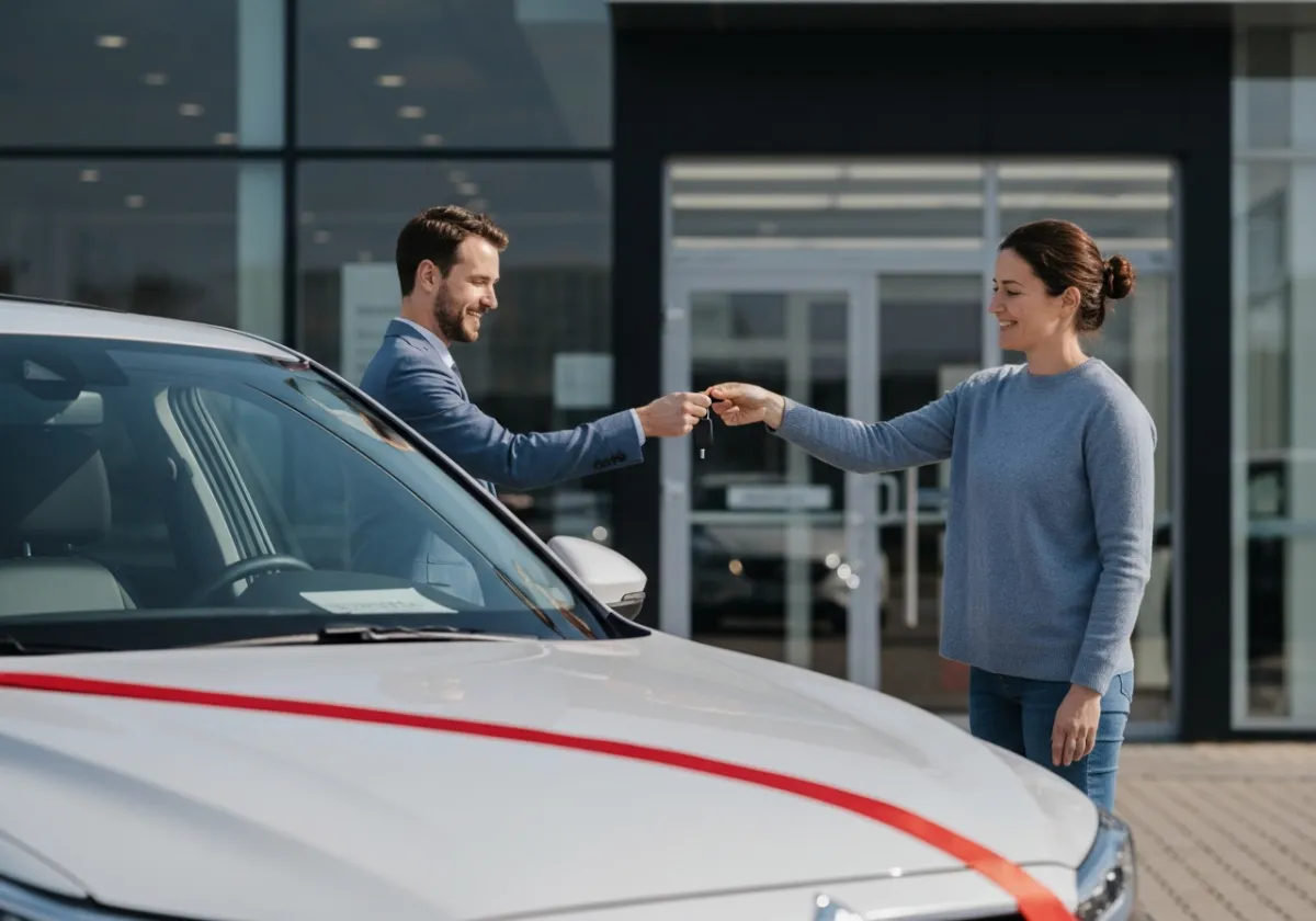 Person in their 30s getting the keys to a new car outside a dealership