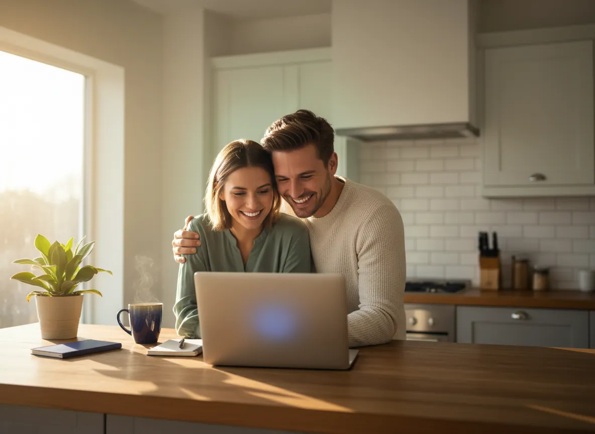 Young couple holding keys in front of their new home