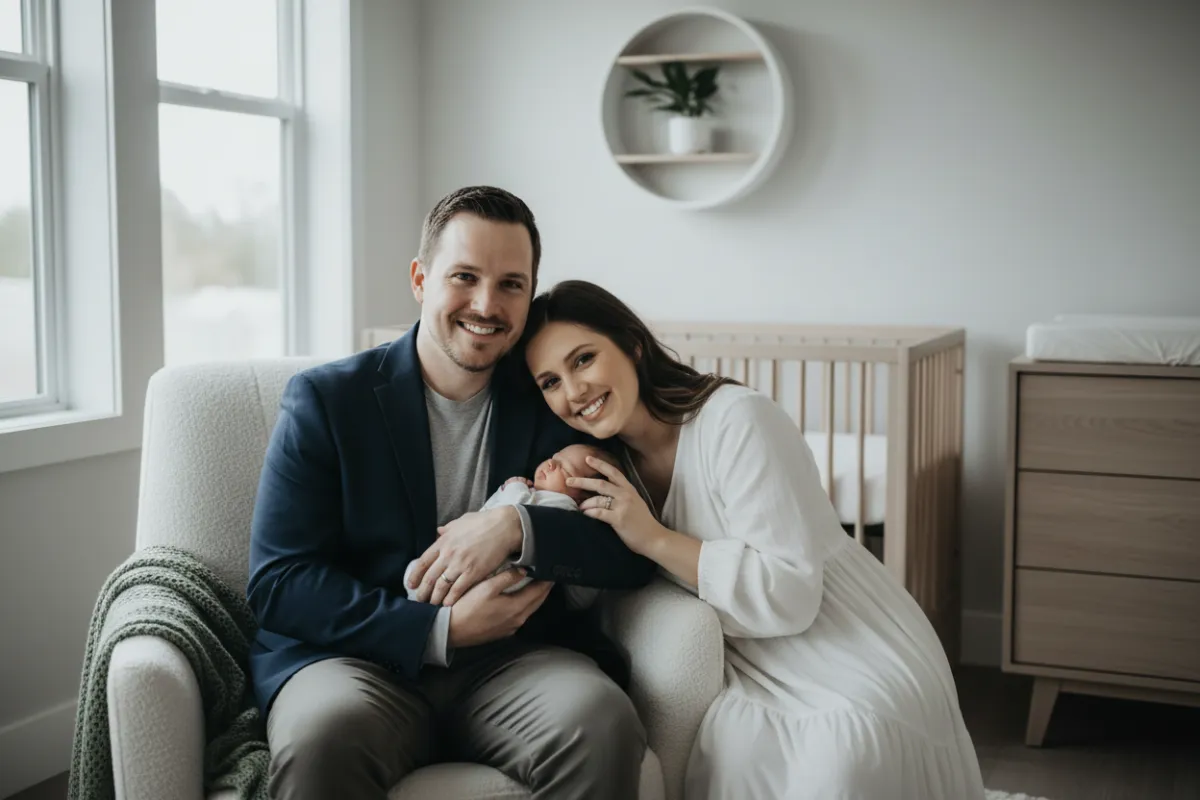 New parents holding their baby in a bright nursery