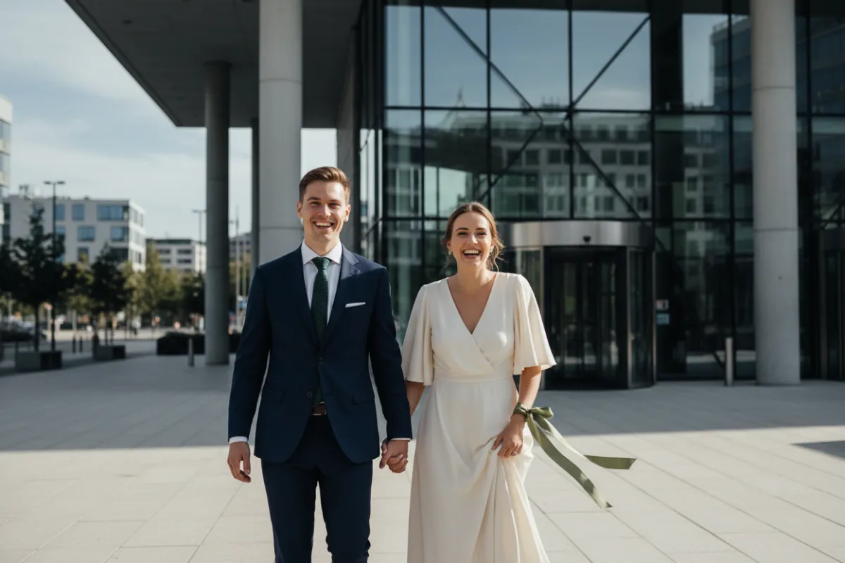 Young newlywed couple reviewing documents at home