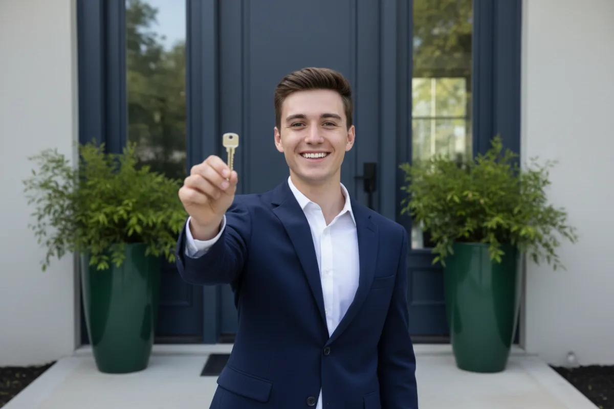 Young couple holding keys in front of their new home