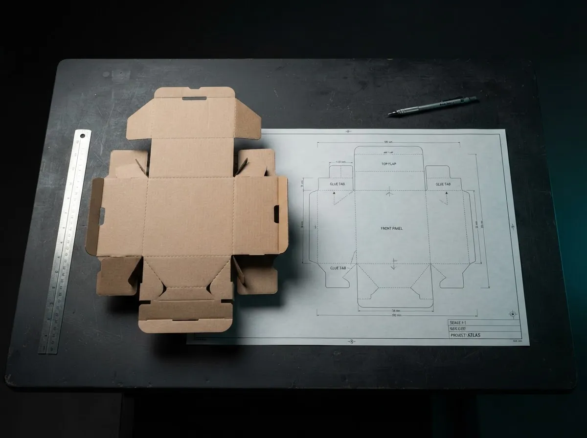 Raw structural packaging prototype and technical CAD dieline mockup with unprinted craft board