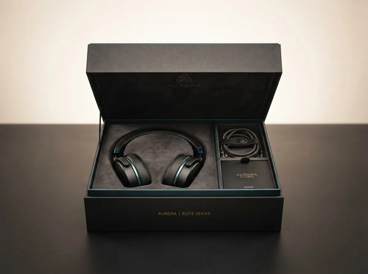 Fully packed luxury rigid presentation box on display showcasing finished turn-key assembly