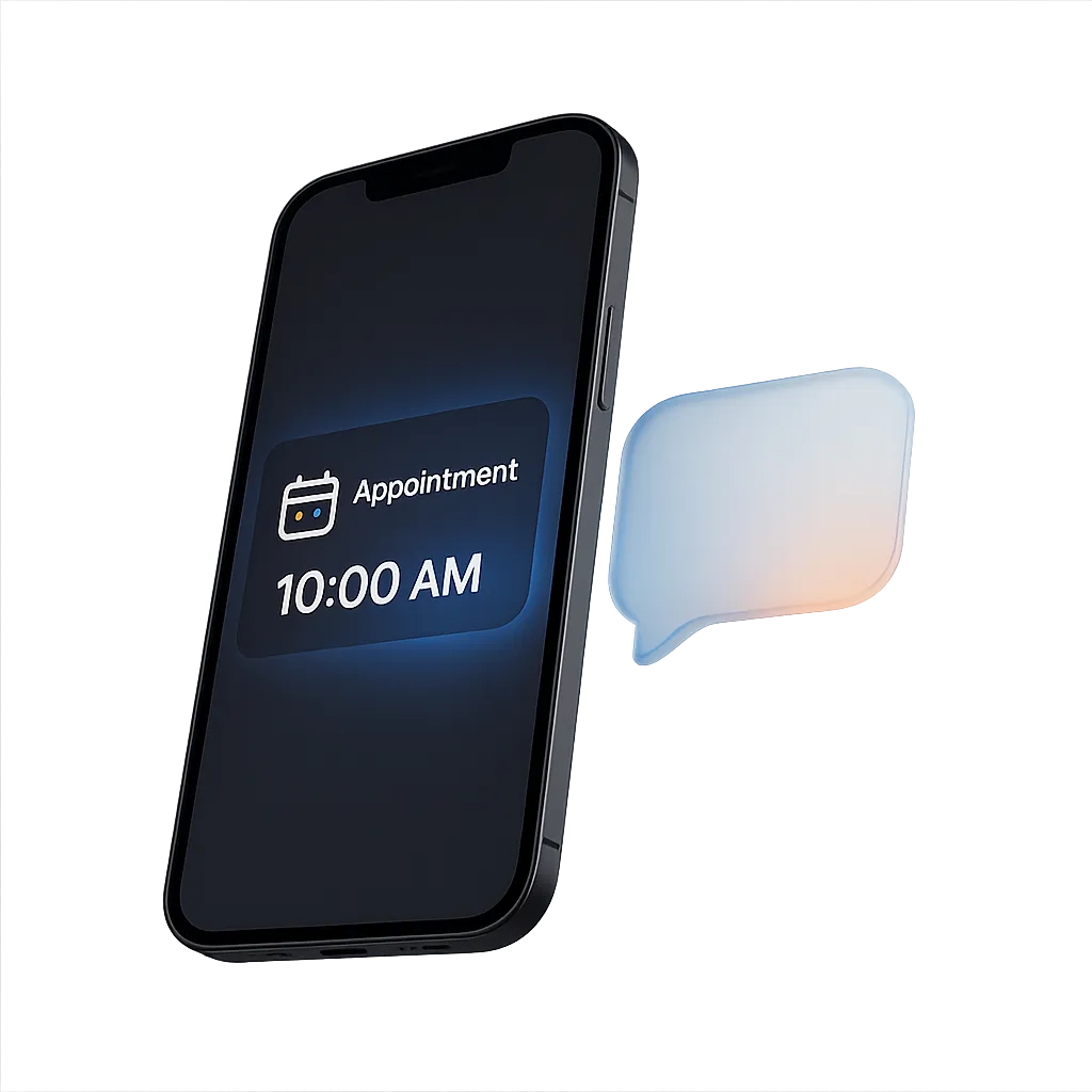 Floating smartphone showing a booked HVAC appointment over a frosted transcript bubble