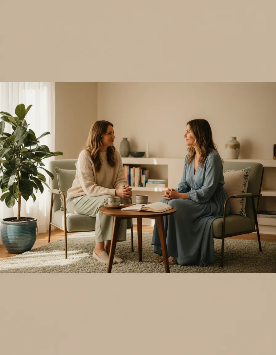 A peaceful coaching consultation and wellness reflection setting