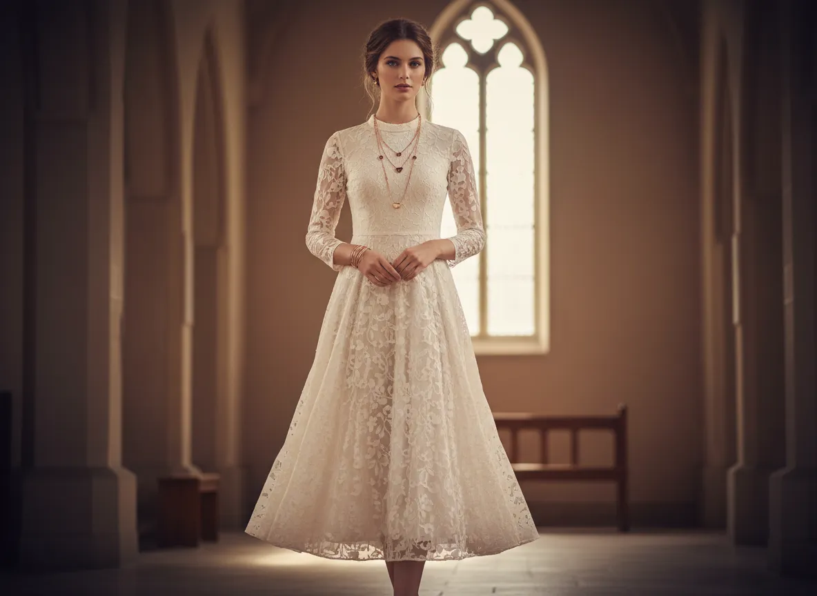 Elegant church-ready outfit with modest dress and statement jewelry