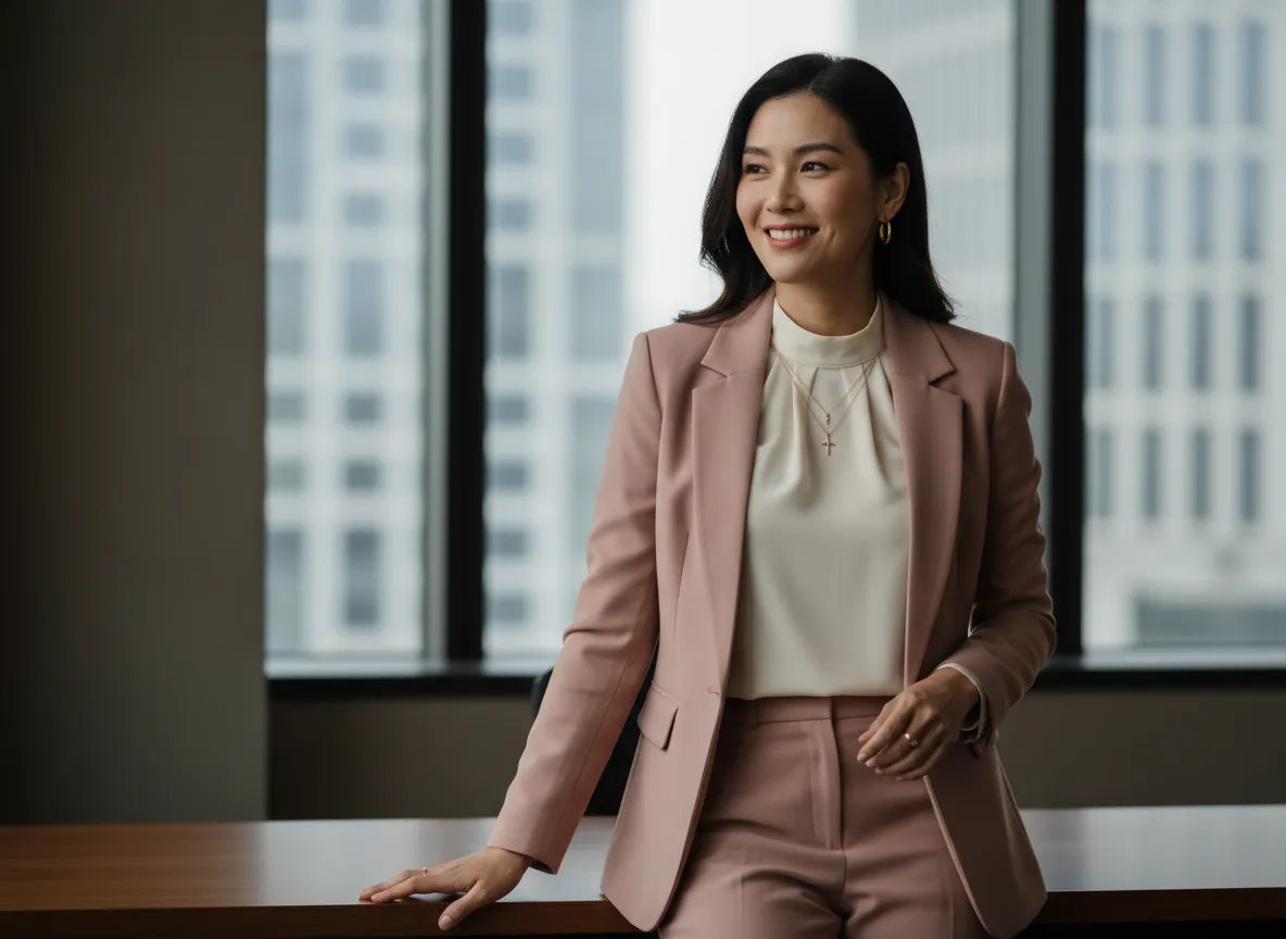 Professional woman styled in sophisticated workwear and jewelry