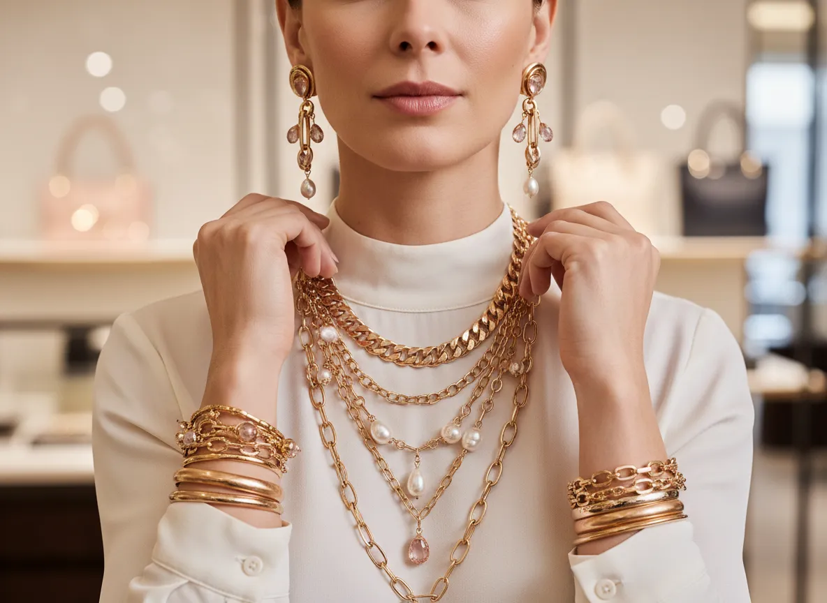 Woman wearing bold statement jewelry and accessories