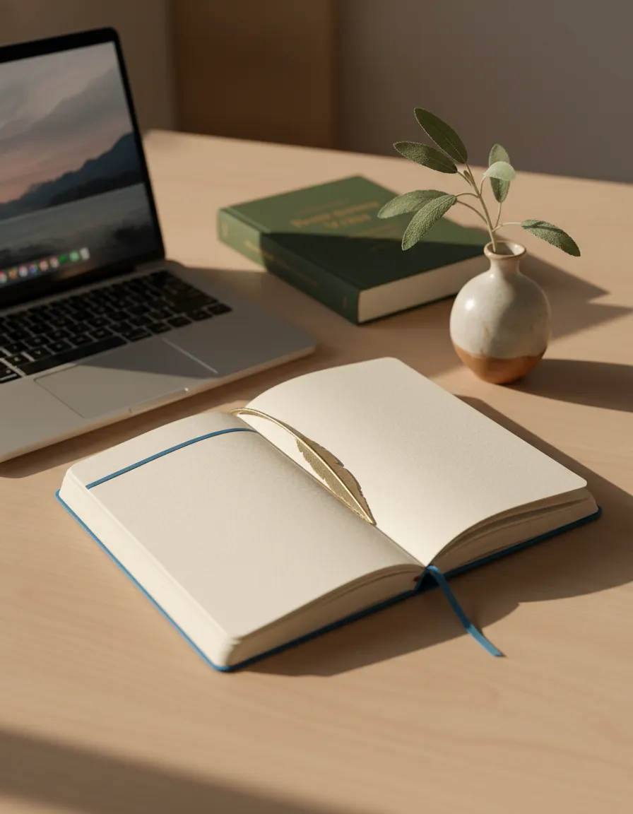 Peaceful desk setting with a journal and natural light